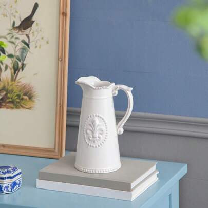 6" X 5" X 9" Louis Fleur-De-Lis Pitcher Vintage American Ceramic Vase, Embossed Vase, House Decoration, Glassware, Flower Pot, Decoration | SHEIN