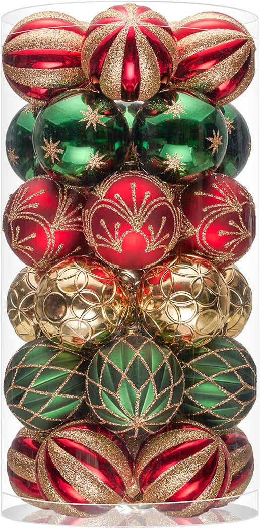 JORNOY Christmas Balls Ornaments, 30ct Shatterproof Xmas Tree Decorations, Hanging Bulbs Baubles Set with String for Holiday Home Party Decor, 2.36 inch/60mm, Red & Green & Gold | Amazon (US)