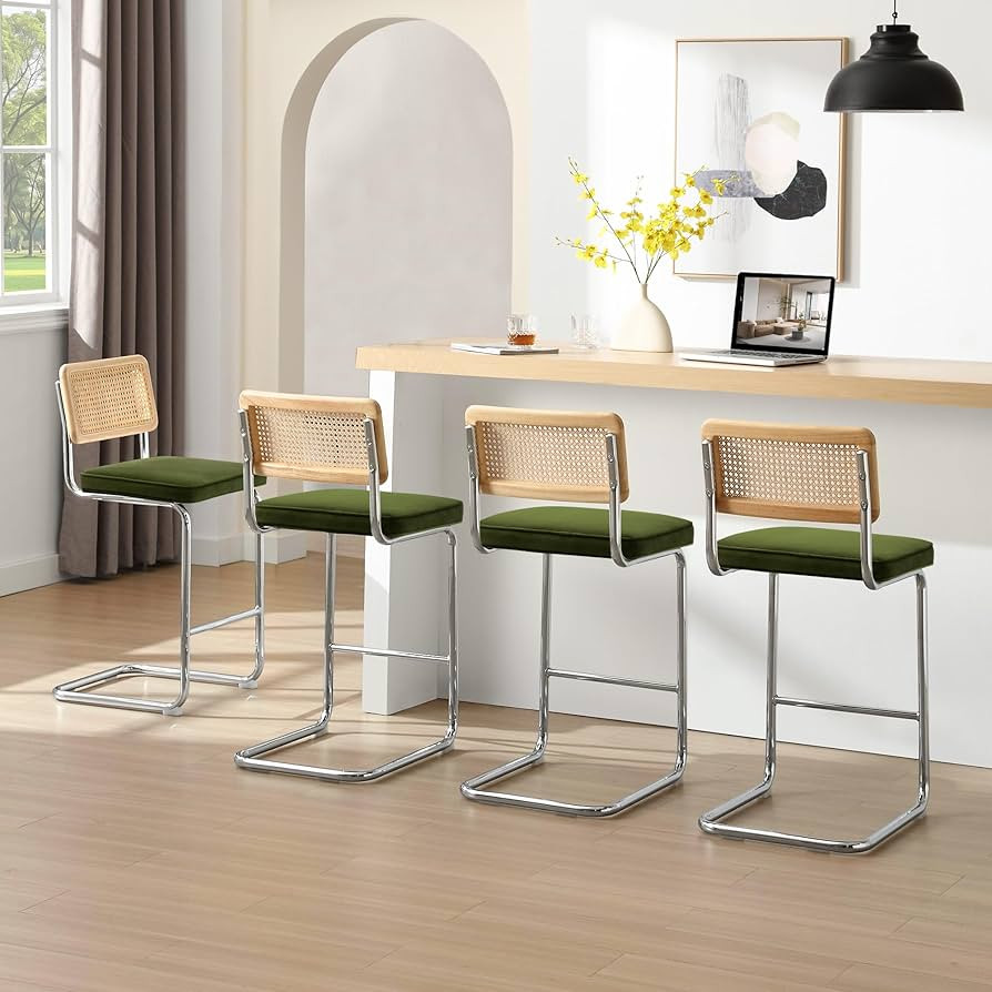 Zesthouse Natural Rattan Counter Stools Set of 4, Olive Green Modern Bar Stools with Solid Wood B... | Amazon (US)