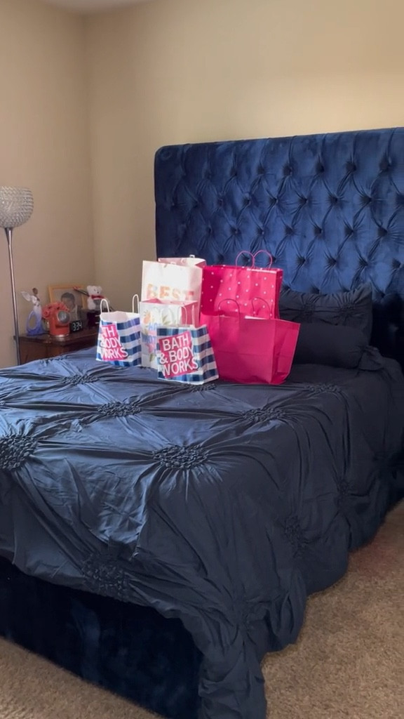 Blue lover’s!! 💙💙💙 get into this beautiful royal blue bed! It’s like sleeping on a cloud ☁️ high level headboard with 2 clear crystal legs. 🛌💞💎💙🔥🔥 

#LTKfamily #LTKVideo #LTKhome