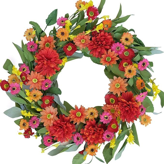Idyllic 18 Inches Bright Floral Wreath- Artificial Colorful Daisy and Green Leaves Wreath for Sum... | Amazon (US)