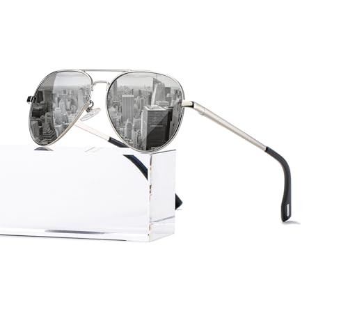 HJSTES Polarized Aviator Sunglasses for Women Men Classic Metal Shades Mirror Lens 100% UV Blocking, 58mm(Silver Frame/Silver Mirrored) | Amazon (US)