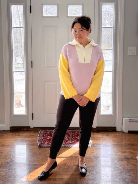 Stepping into spring with ballet flats and color block sweaters. Linking similar styles. The leather ballet flats come in several colors and are on sale $62! 

#LTKsalealert #LTKshoecrush #LTKSeasonal