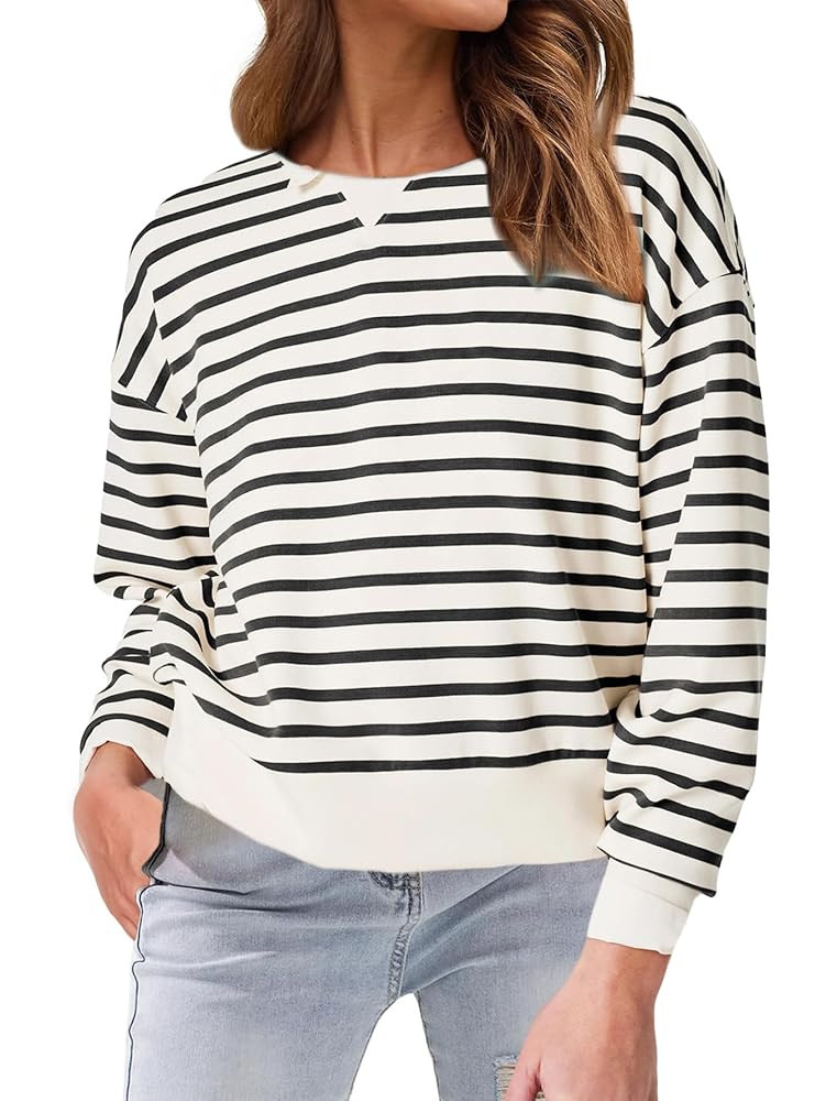 Glamaker Women's Crewneck Cropped Sweatshirt Pullover Stripe Air Essentials Basic Long Sleeve Shi... | Amazon (US)