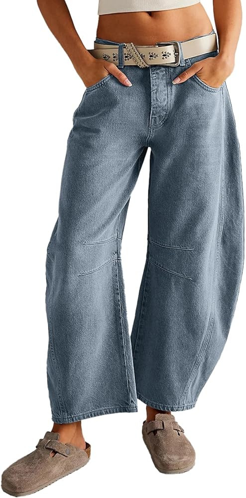 Barrel Jeans Women Wide Leg Low Rise Barrel Denim Pants Vintage Horseshoe Jeans with Pockets | Amazon (US)