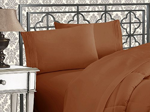 Elegant Comfort Luxurious 1500 Premium Hotel Quality Microfiber Three Line Embroidered Softest 4-Piece Bed Sheet Set, Wrinkle and Fade Resistant, Queen, Bronze | Amazon (US)
