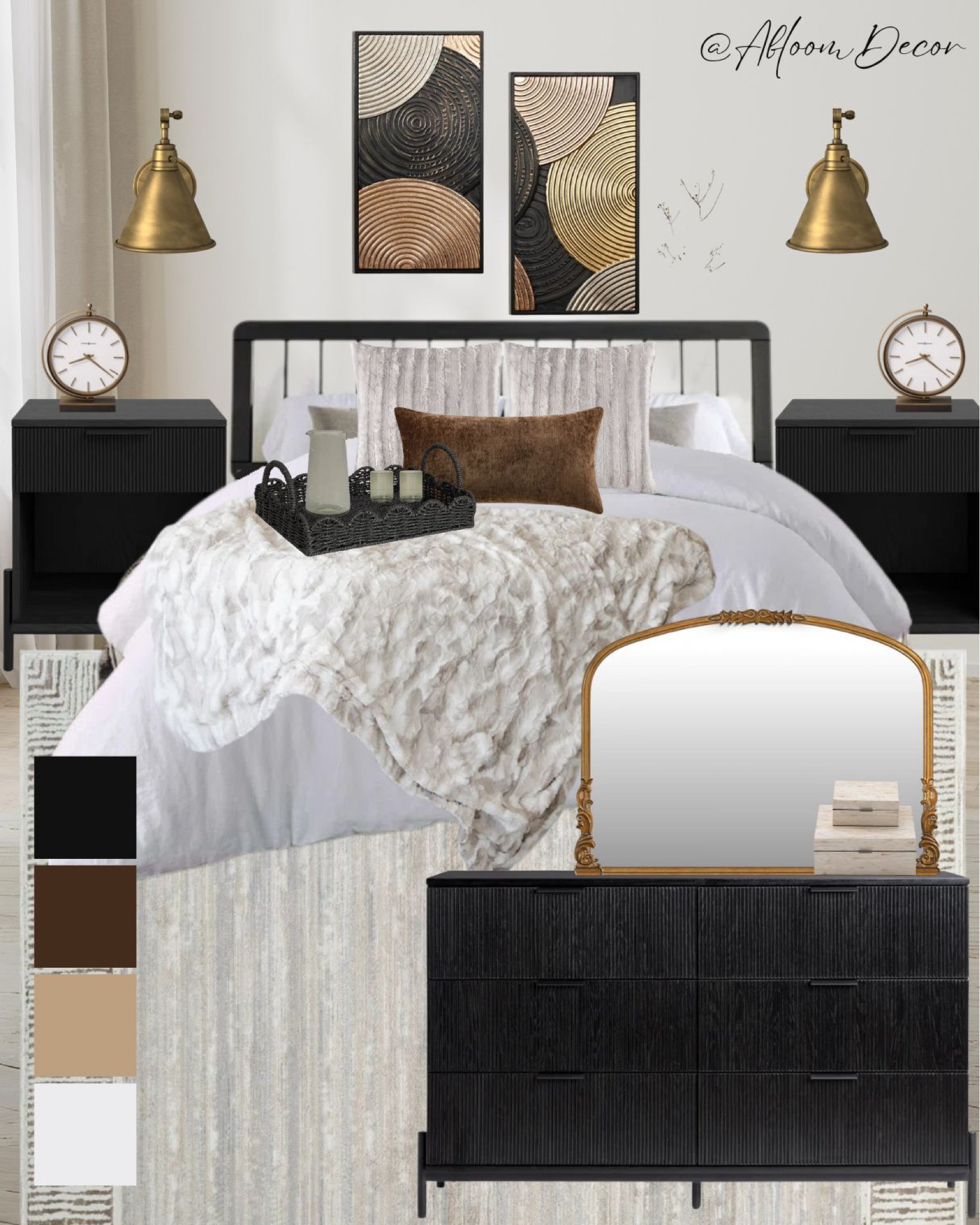 This elegant bedroom design combines modern and rustic elements with a cozy yet refined appeal. The black furniture, paired with warm brass accents and textured bedding, creates a sophisticated contrast, while the neutral tones and plush decor make the space inviting and comfortable.

#LTKHome