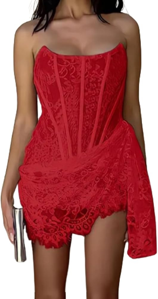 OCUH Womens Mini Dress Floral Corset Dress Draped Lace Tube Top Dress Cocktail Dress Sexy 2024 Su... | Amazon (US)