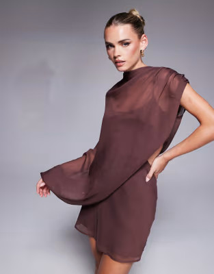 ASOS DESIGN Petite high neck draped asymmetric mini dress with cut out in chocolate | ASOS (Global)