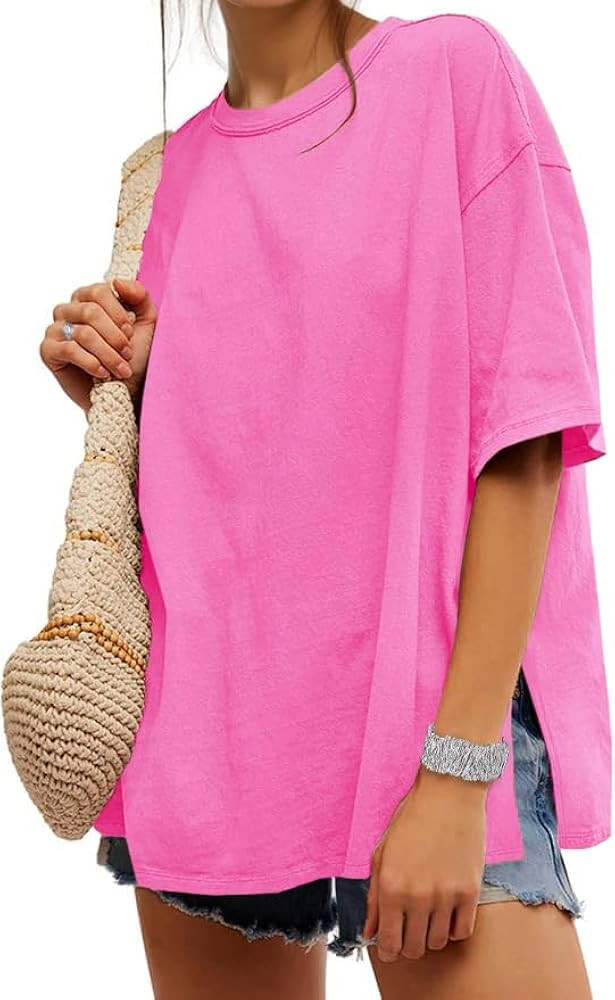 UNCLECAT Womens Oversized T Shirts Summer Trendy Short Sleeve Crew Neck Tops Loose Fit Side Slit ... | Amazon (US)