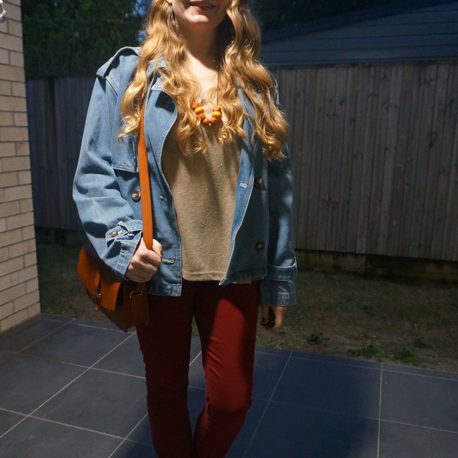 Kmart Anko cropped denim trench coat with gold metallic tee, burgundy jeans and recently thrifted Sezane bag ❤️

#LTKaustralia #LTKwinter