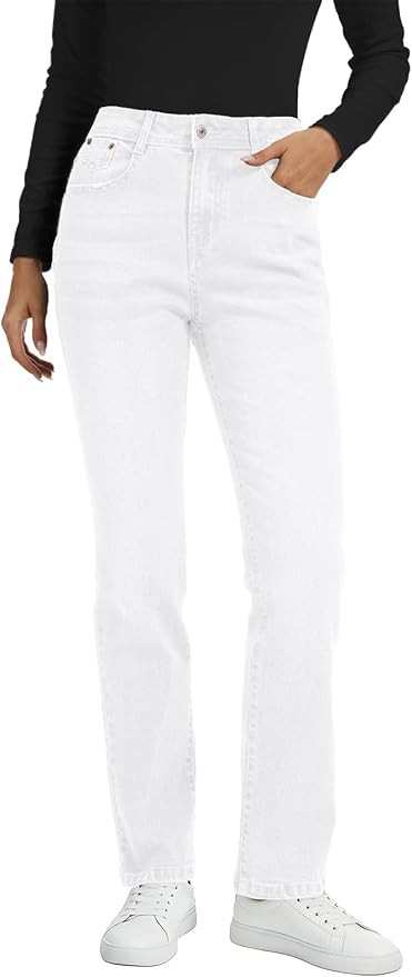 Metietila Womens Classic Jeans Stretchy Straight Leg Mid Rise Denim Pants | Amazon (US)