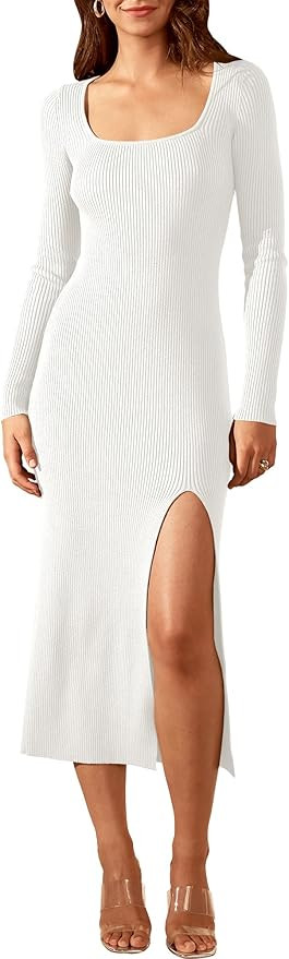 ANRABESS Women's 2023 Trendy Long Sleeve Sweater Dress Square Neck Side Slit Bodycon Ribbed Knit ... | Amazon (US)