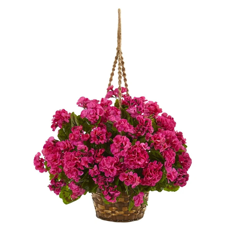 Nearly Natural 19in. Plastic and Polyester UV Resistant Geranium Hanging Basket Artificial Plant,... | Walmart (US)