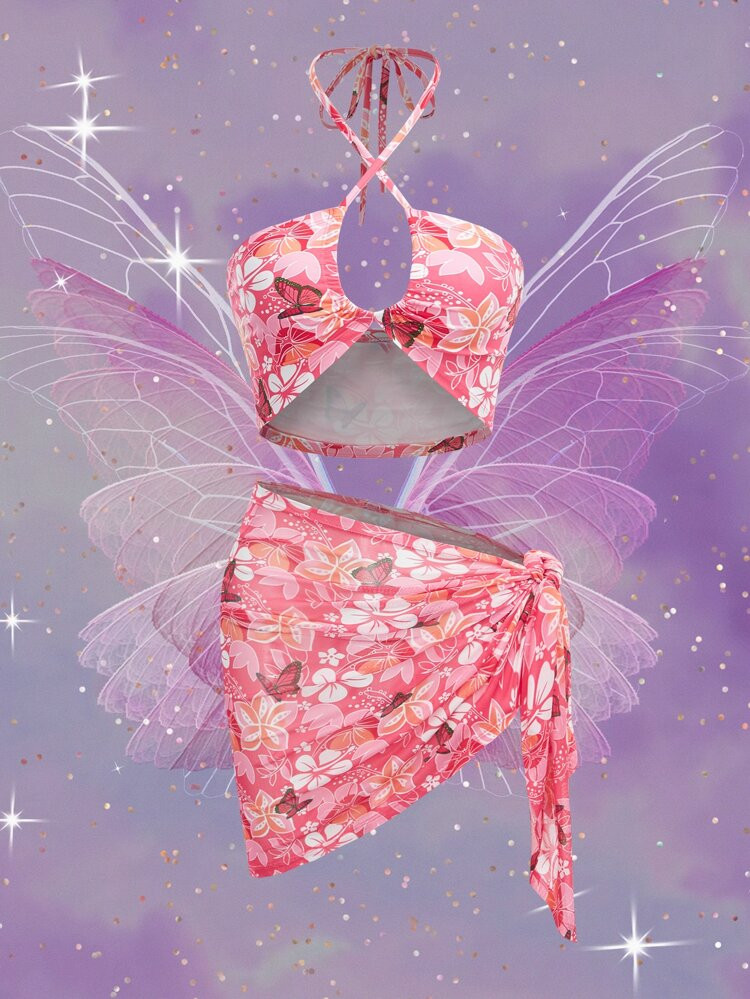 SHEIN Floral & Butterfly Print Halter Top & Knot Side Skirt | SHEIN