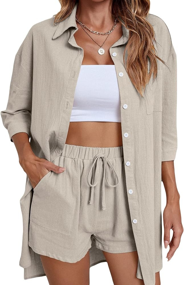 MakeMeChic Women's Casual 2 Piece Outfits Short Sleeve Button Down Shirt and Shorts Set | Amazon (US)