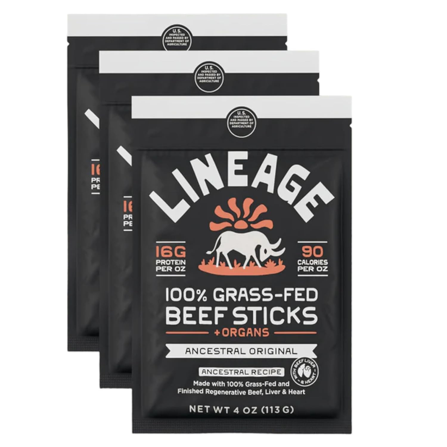 Lineage Provisions Grass Fed Beef Sticks, 3-Pack | Amazon (US)