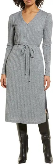 Rib Tie Waist Long Sleeve Sweater Dress | Nordstrom