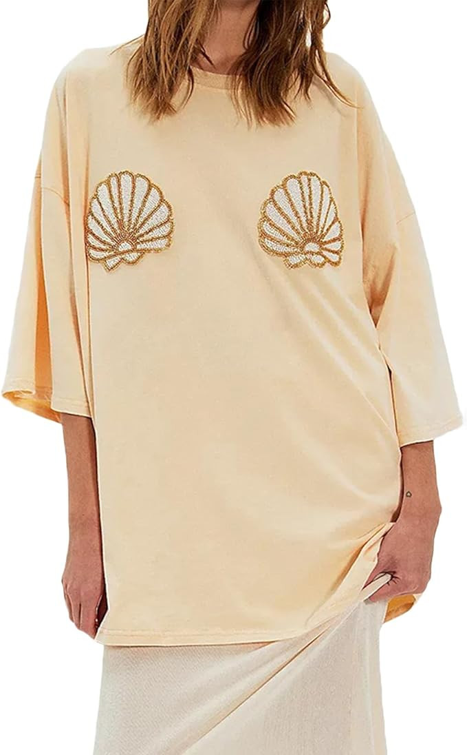 Oversized Beaded Seashell Shirts for Women Y2k Baggy Vintage Graphic Tees Tops Summer Coastal Bea... | Amazon (US)