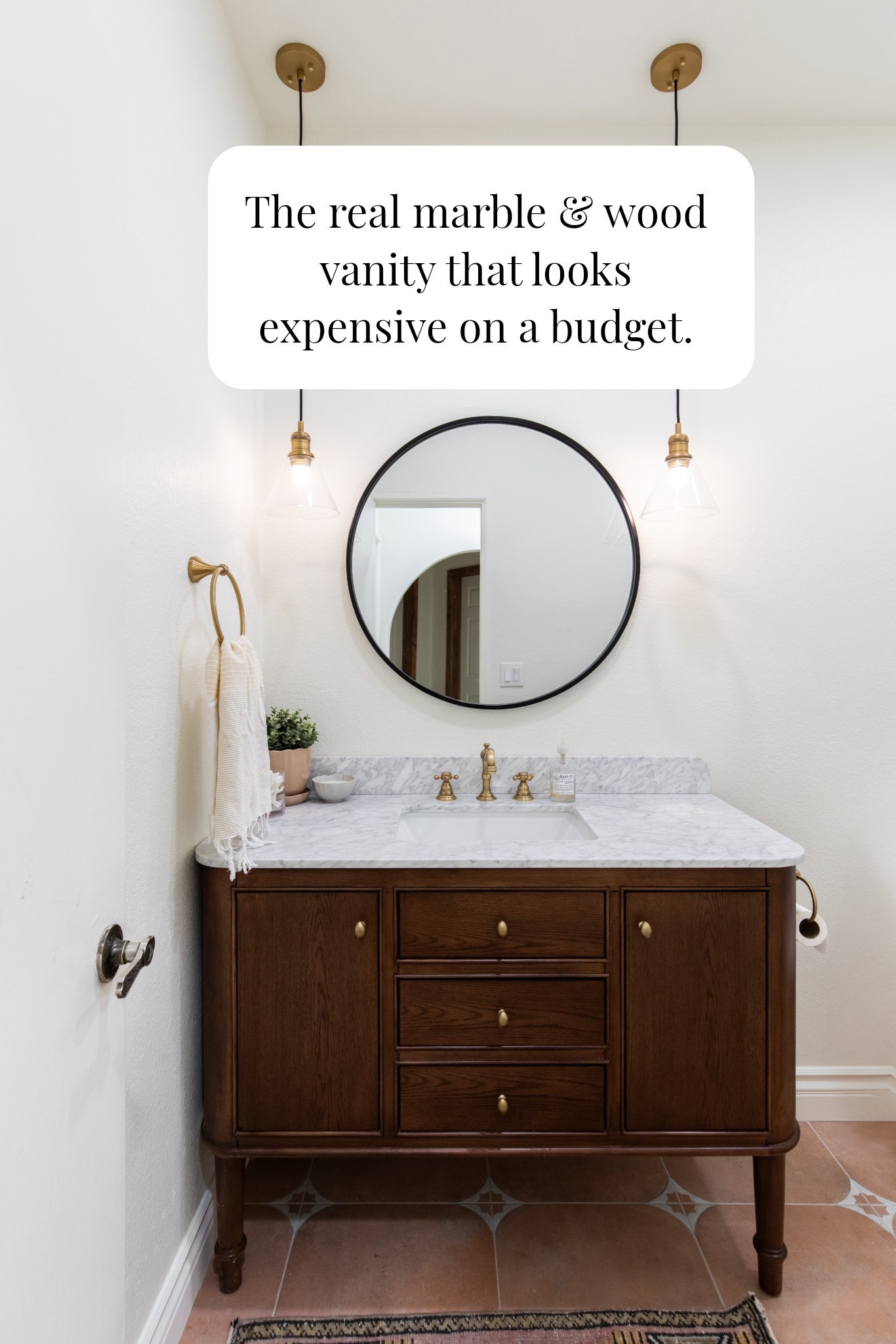 This gorgeous vanity can be mounted with legs or without, and makes a great replacement for an affordable vanity that looks like custom made furniture.
