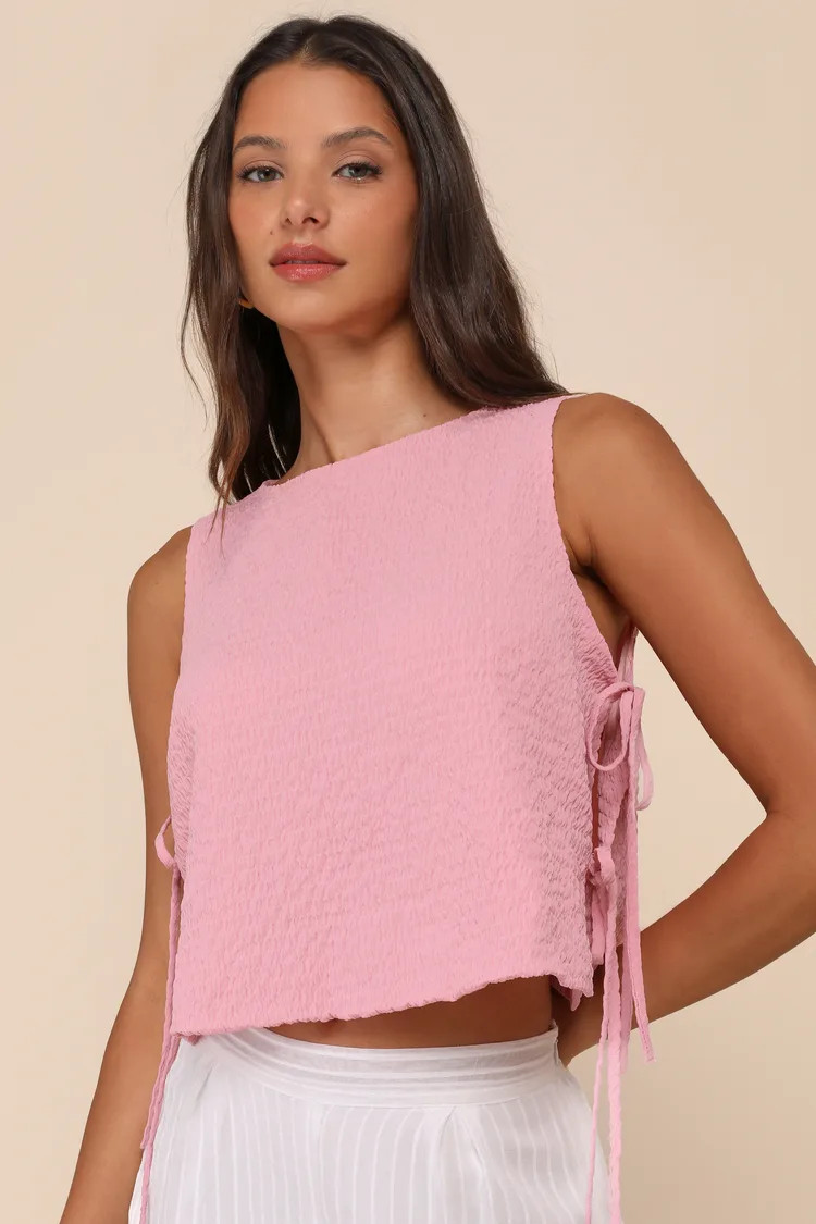 Flirty Bliss Pink Smocked Side-Tie Sleeveless Top | Lulus