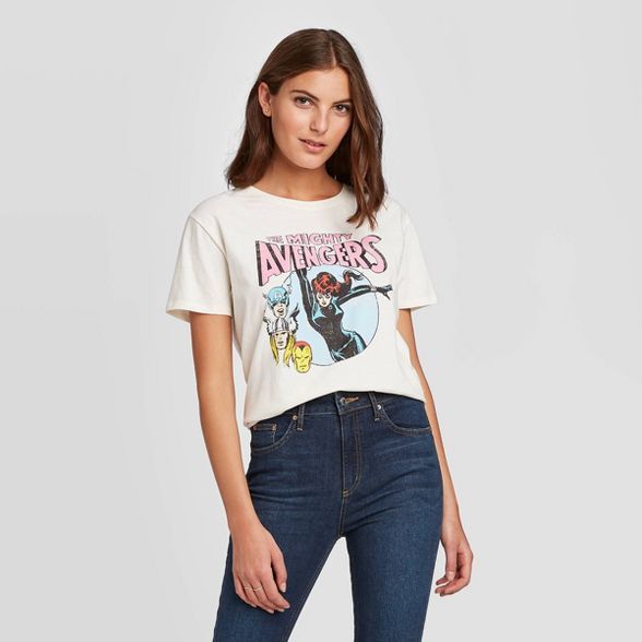 Women's Marvel The Mighty Avengers Short Sleeve Graphic T-Shirt (Juniors') - Cream | Target