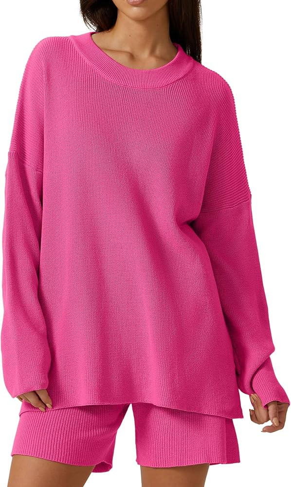 QINSEN Lounge Set for Women Long Sleeve Pullover Sweater with Shorts Two Pieces Loungewear | Amazon (US)