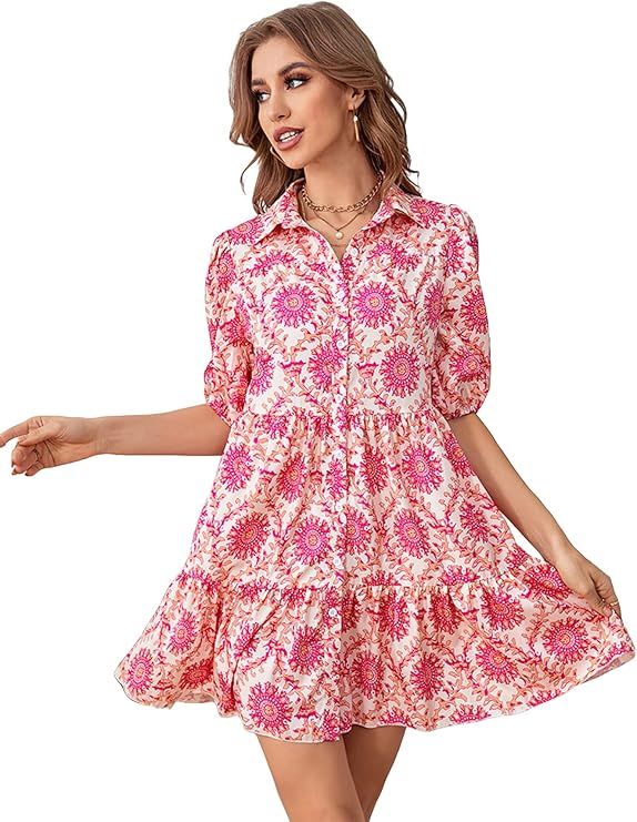 MakeMeChic Women's Allover Print Puff Sleeve Button Front Ruffle Mini Shift Dress | Amazon (US)