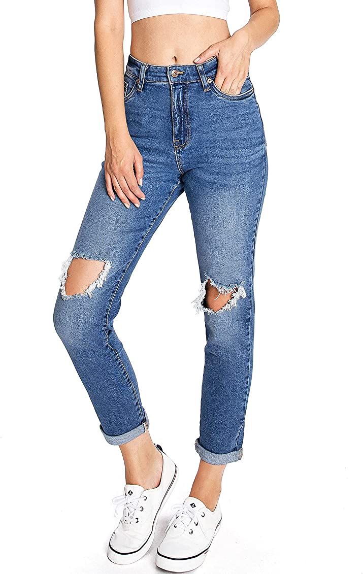 Celebrity Pink Women's Juniors High Waisted Distressed Mom Jeans | Amazon (US)