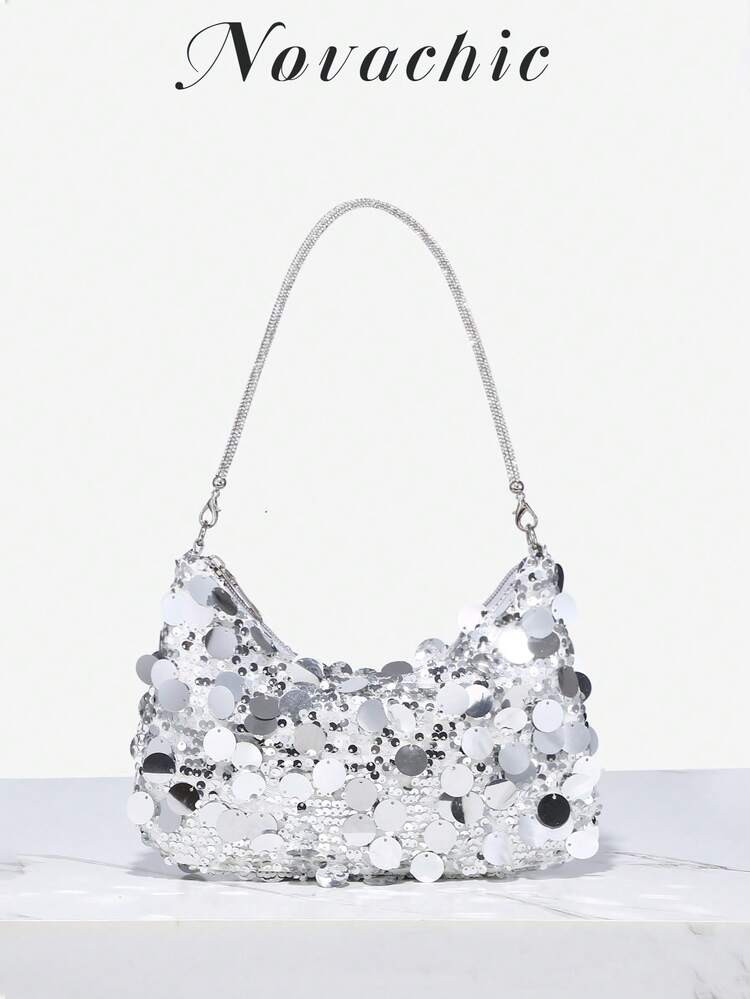 1pc Novachic Sequin Decorated, Vacation Style Sequins Wrist Decor Zipper Women Shoulder Bag, Suitable For Vacation & Party Use | SHEIN