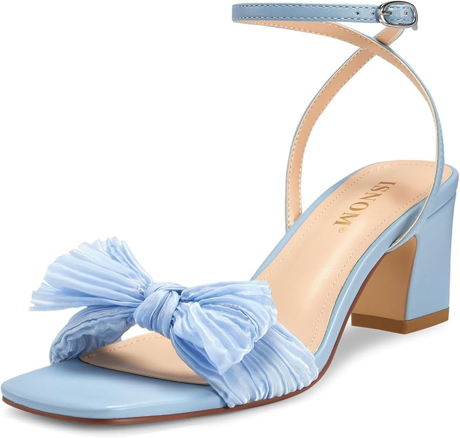 ISNOM Women's Bow Knot Heeled Sandals Ankle Buckle Strap Open Toe Block Chunky Heels Bride Weddin... | Amazon (US)