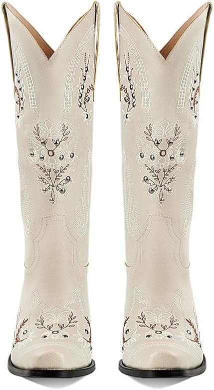 Womens Floral Heart Embroidered Cowboy Cowgirl Boots Retro Pointed Toe Pull-On Western Boots Chun... | Amazon (US)