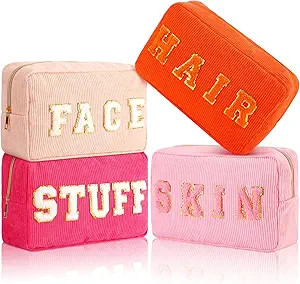 4 Pcs Makeup Bags Chenille Letter Patch Cosmetic Bag Portable Travel Zipper Pouch Small Organizer... | Amazon (US)
