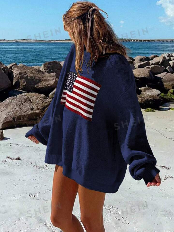 SHEIN Essnce Flag Pattern Drop Shoulder Long Sleeve Sweater | SHEIN