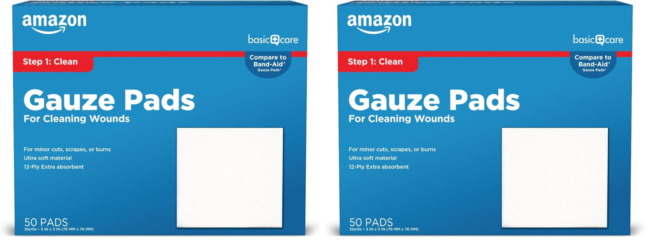 Amazon Basic Care Gauze Pads, 3x3 inches Sterile Medical Wound Dressing Sponges, 12-Ply, Ultra Soft, Extra Absorbent, 50 Count, (Previously All Health) (Pack of 2) | Amazon (US)