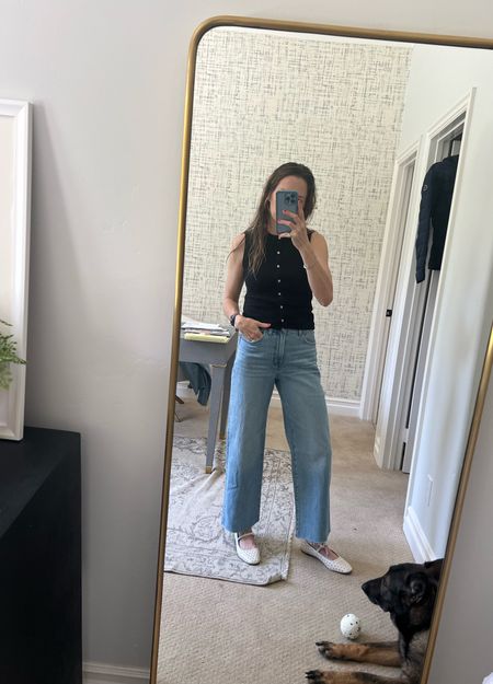 Vest top, sleeveless top, travel outfit, vintage wide leg jeans, wide leg jeans, cool mom jeans, studded flats, Mary Jane flats, Madewell x LTK, French girl outfit, French girl aesthetic 

#LTKxMadewell #LTKover40 #LTKtravel