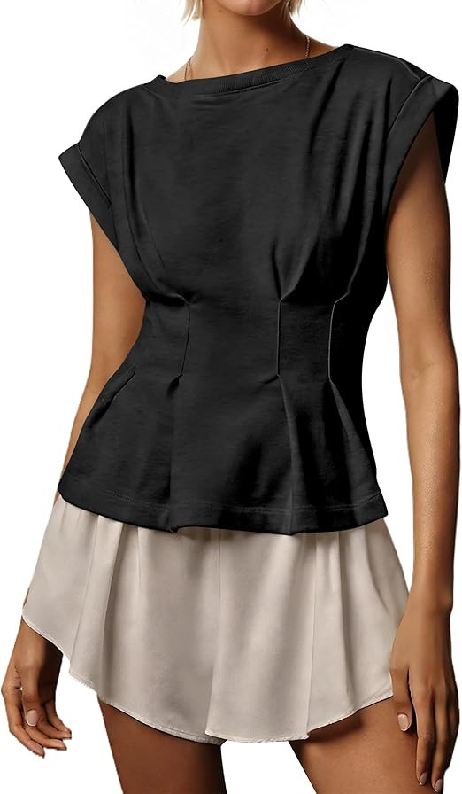 synound Women’s Summer Peplum Babydoll Tops Cap Sleeve Crew Neck Ruched Waist Tee Shirts Casual... | Amazon (US)
