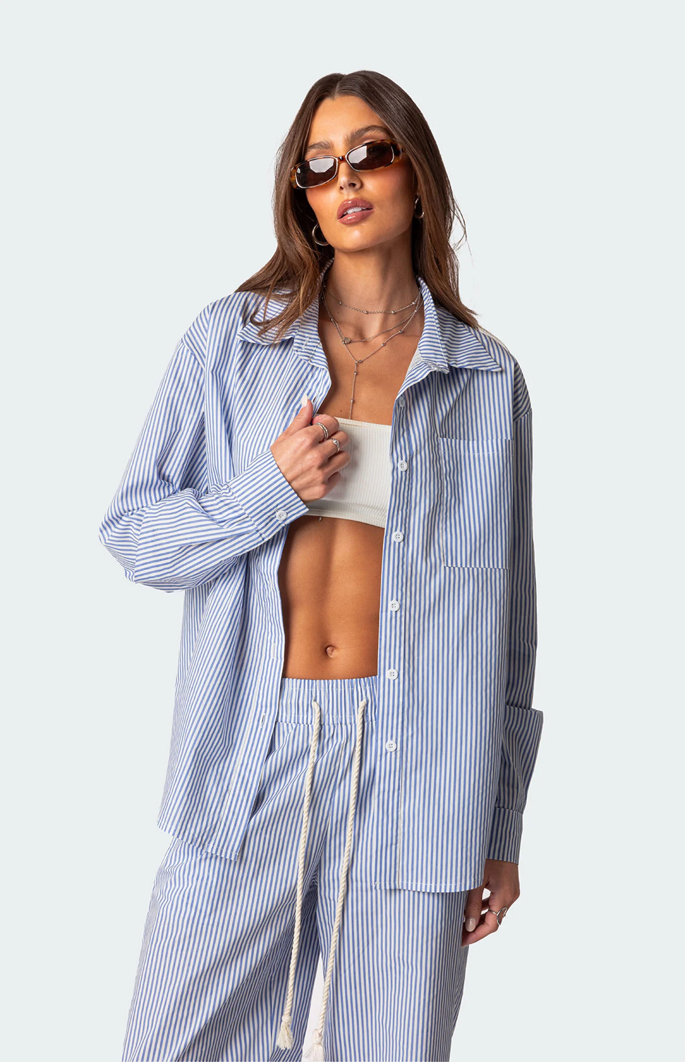 Edikted Women's Oversized Pinstripe Button Up Shirt in Blue - Size Medium | PacSun