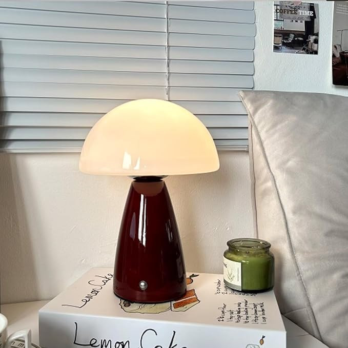 Retro Rechargeable Burgundy Table Lamp with Touch Switch Vintage Mushroom Glass Bedroom Lamp Deco... | Amazon (CA)