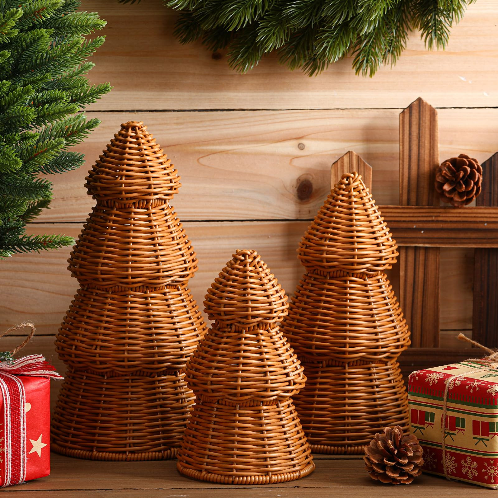Bucherry 3 Pcs Rattan Christmas Tree Decor Rustic Christmas Tabletop Decor Woven Small Xmas Tree ... | Amazon (US)
