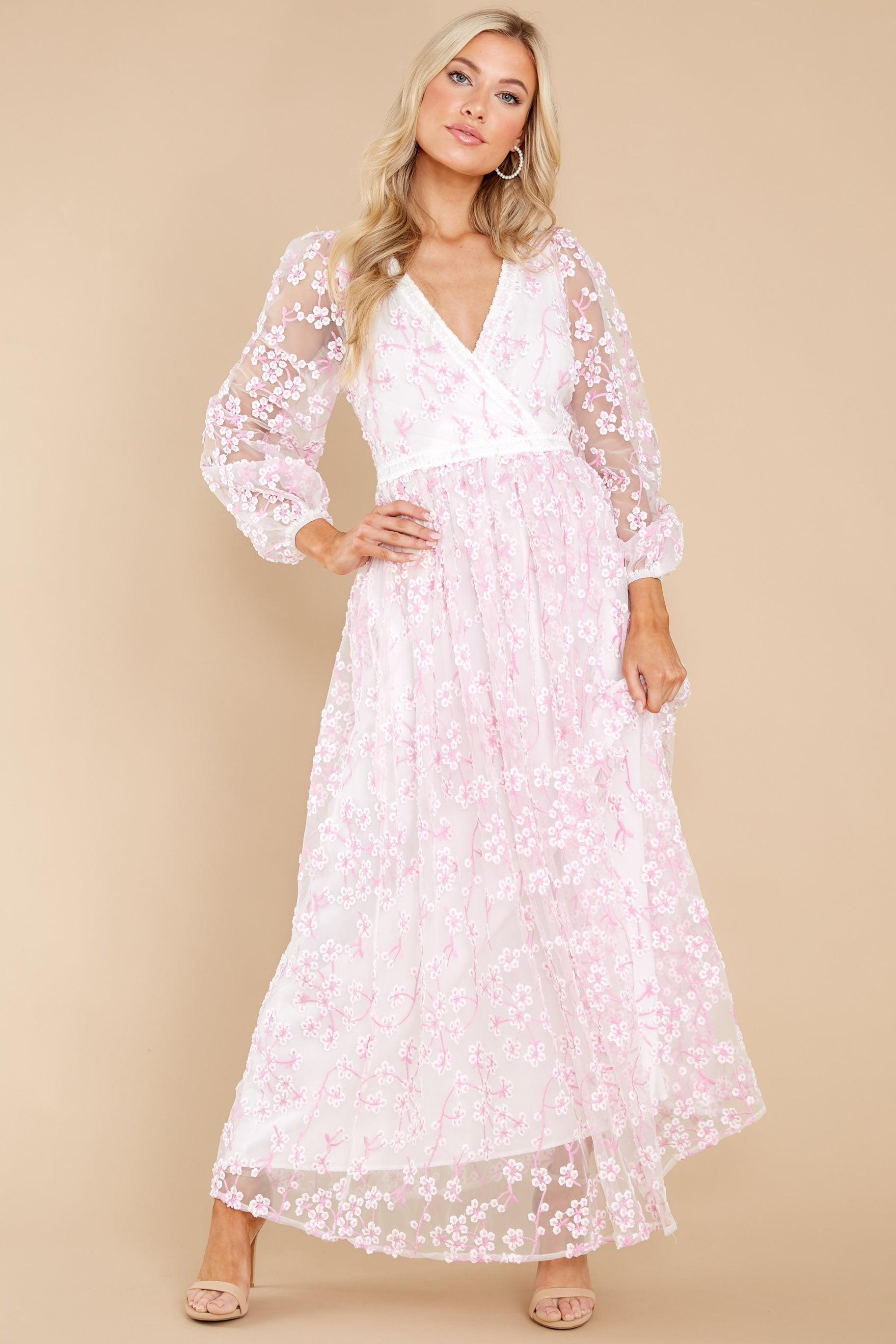 Heavenly Sights Pink And White Floral Embroidered Maxi Dress | Red Dress 