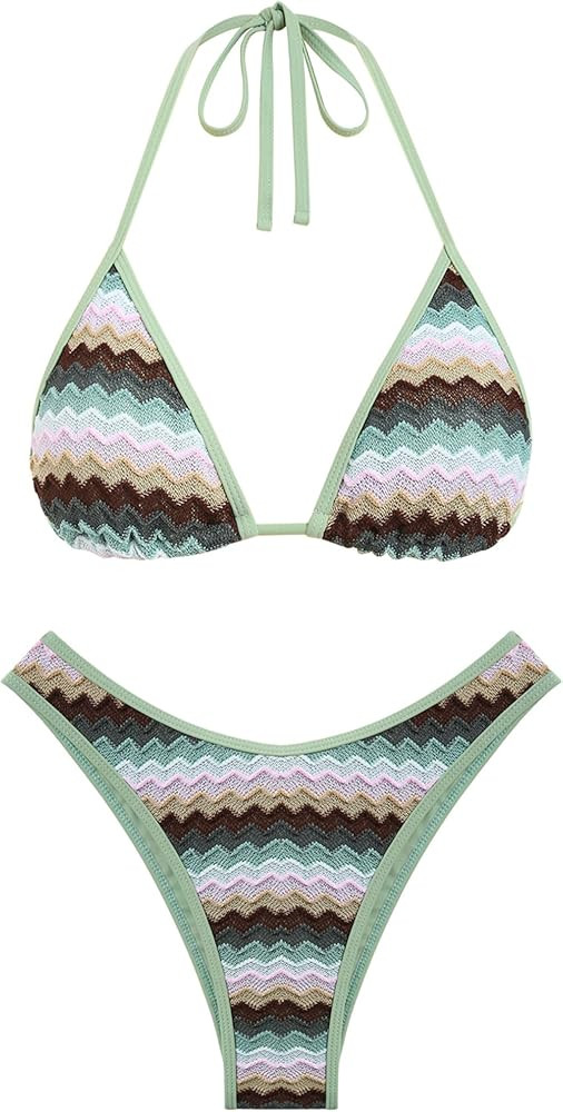 seamoly Women's Bikini Sets Halter Neck Crochet Colorblock Two Piece Swimsuits Open Back Sexy Hig... | Amazon (US)