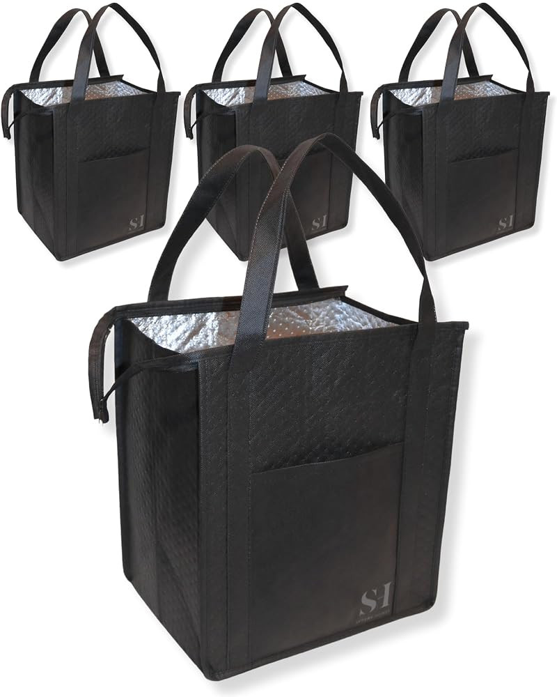 Black Insulated Grocery Bags, 4 Pack Reusable Shopping Bags with Zippered Top for Groceries & Foo... | Amazon (US)
