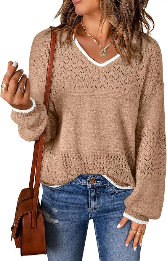 SHEWIN Women's Sweaters Casual Long Sleeve V Neck Lightweight Crochet Pullover Sweater Tops | Amazon (US)