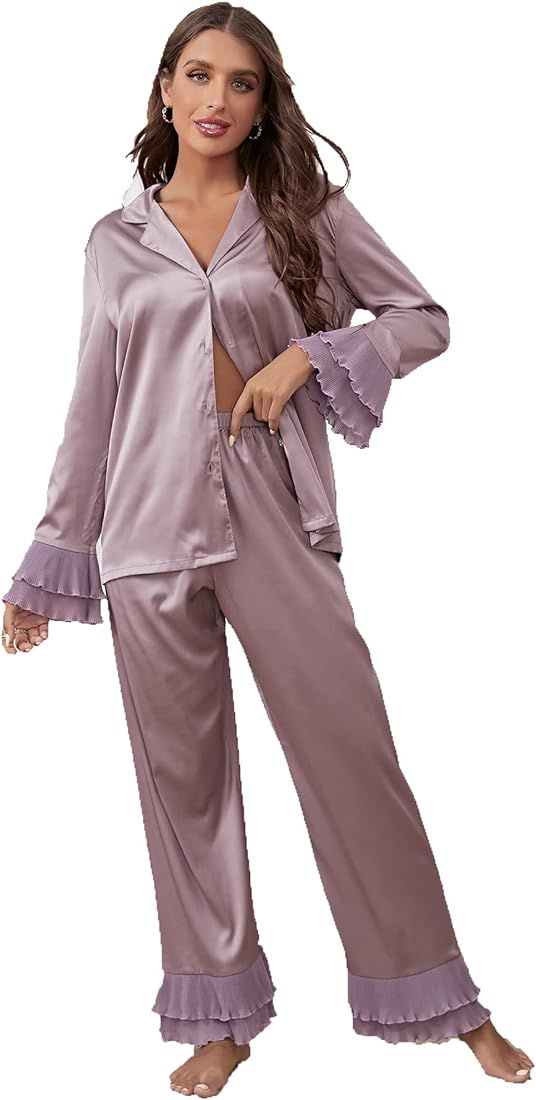 Verdusa Women's Satin Notch Collar Blouse and Ruffle Hem Pants PJ Set | Amazon (US)