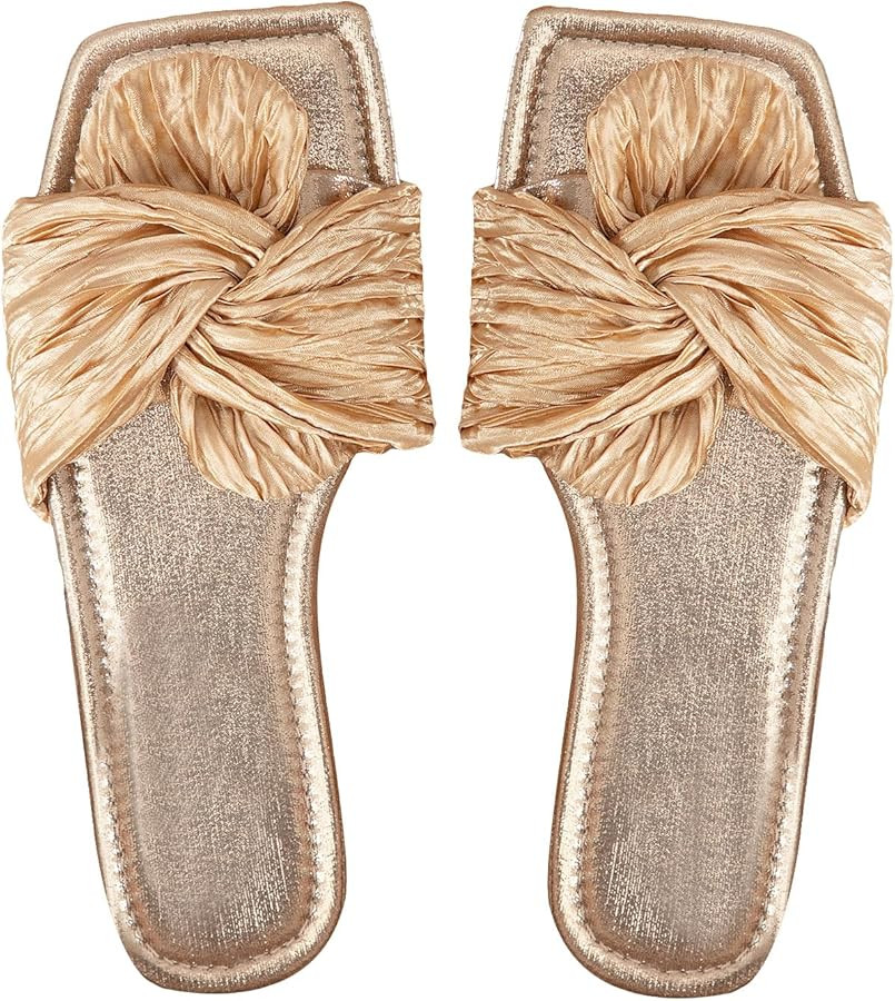 OYOANGLE Women's Metallic Twist Front Open Toe Flat Sandals Fashion Slide Sandals | Amazon (US)