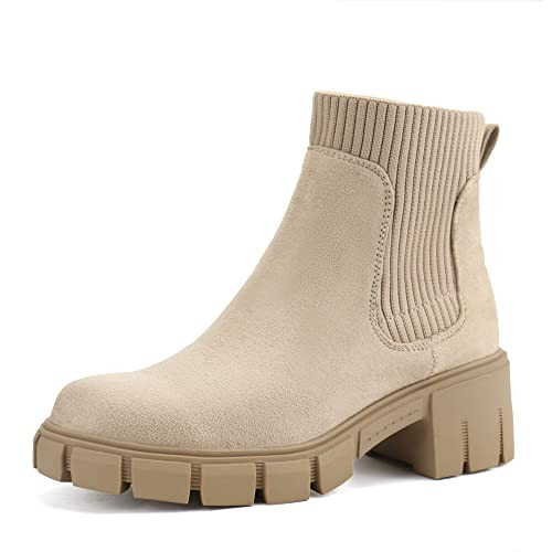 JABASIC Womens Chunky Ankle Boots Slip on Chelsea Boots Elastic Booties (8.5,Sand) | Amazon (US)