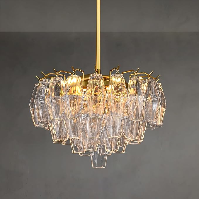 Modern Crystal Chandelier, 17'' Gold Chandeliers for Dining Room, Round Glass Crystal Brass Tiere... | Amazon (US)