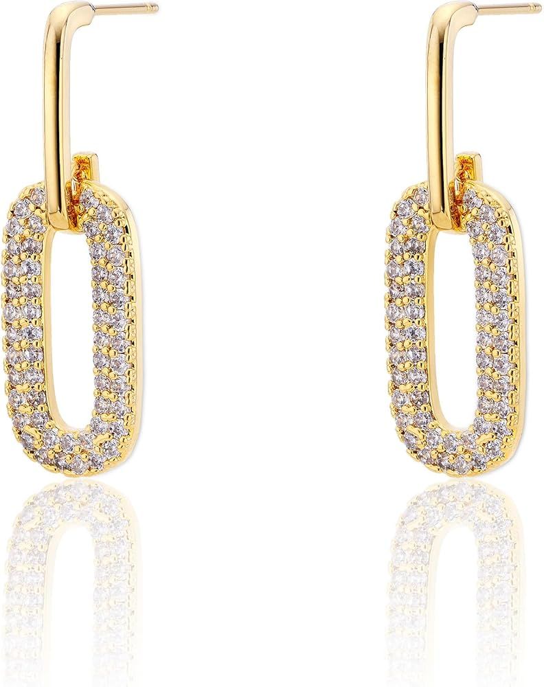 OZEL – CZ Chain Link Dangle Earrings for Women with Cubic Zirconia Stones – 14k Yellow Gold o... | Amazon (US)