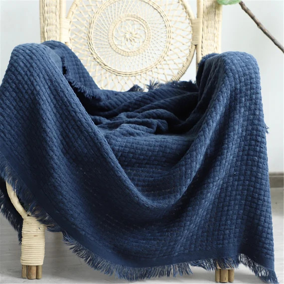 Navy Blue Throw Blanket INS Morandi Color Blanket Knitted Sofa Bed Blanket Minimalist Solid Color... | Etsy (US)